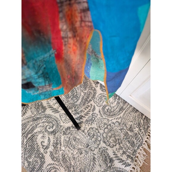 Feratelli Jacket Blouse Womens M Gold Blue Graphic Art to Wear Lagenlook Hi Low - Picture 7 of 13